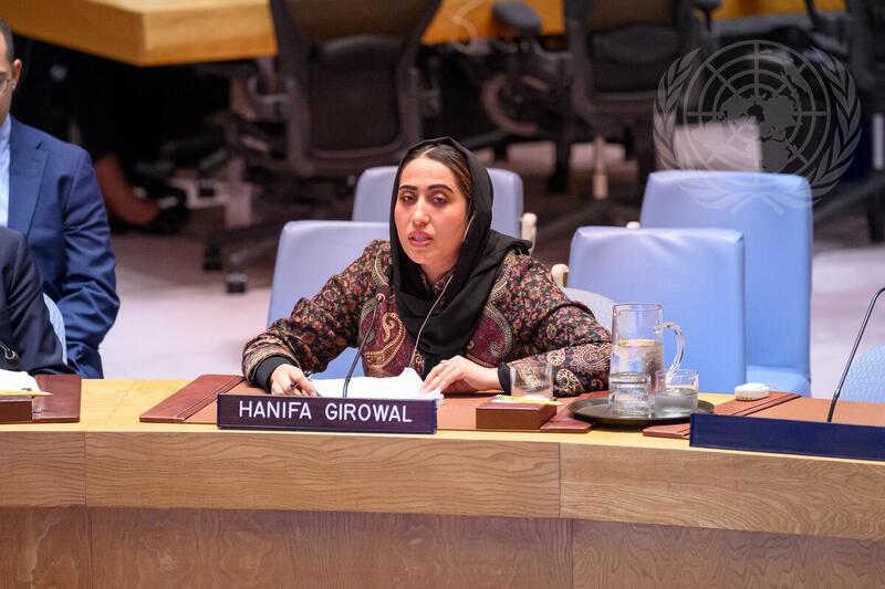 Hanifa Girowal briefs the Security Council meeting on the situation in Afghanistan.